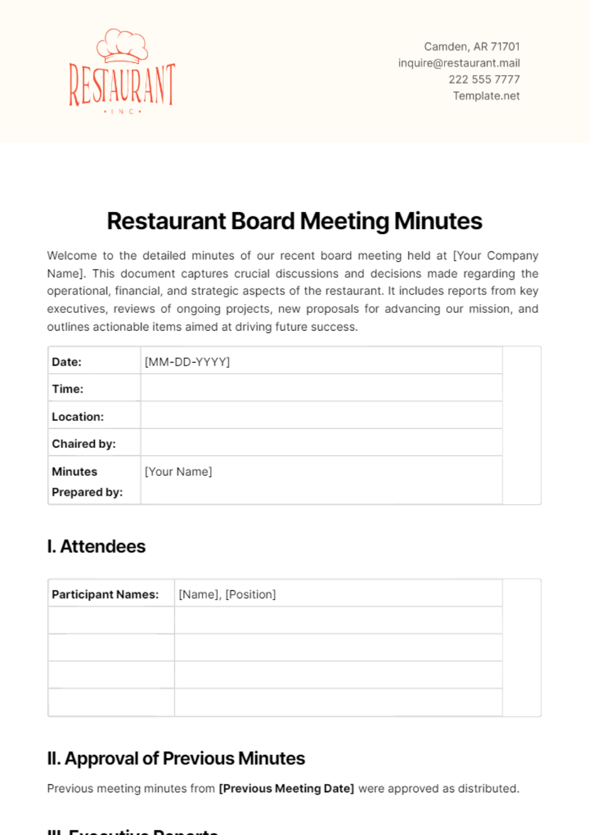 Restaurant Board Meeting Minutes Template - Edit Online & Download