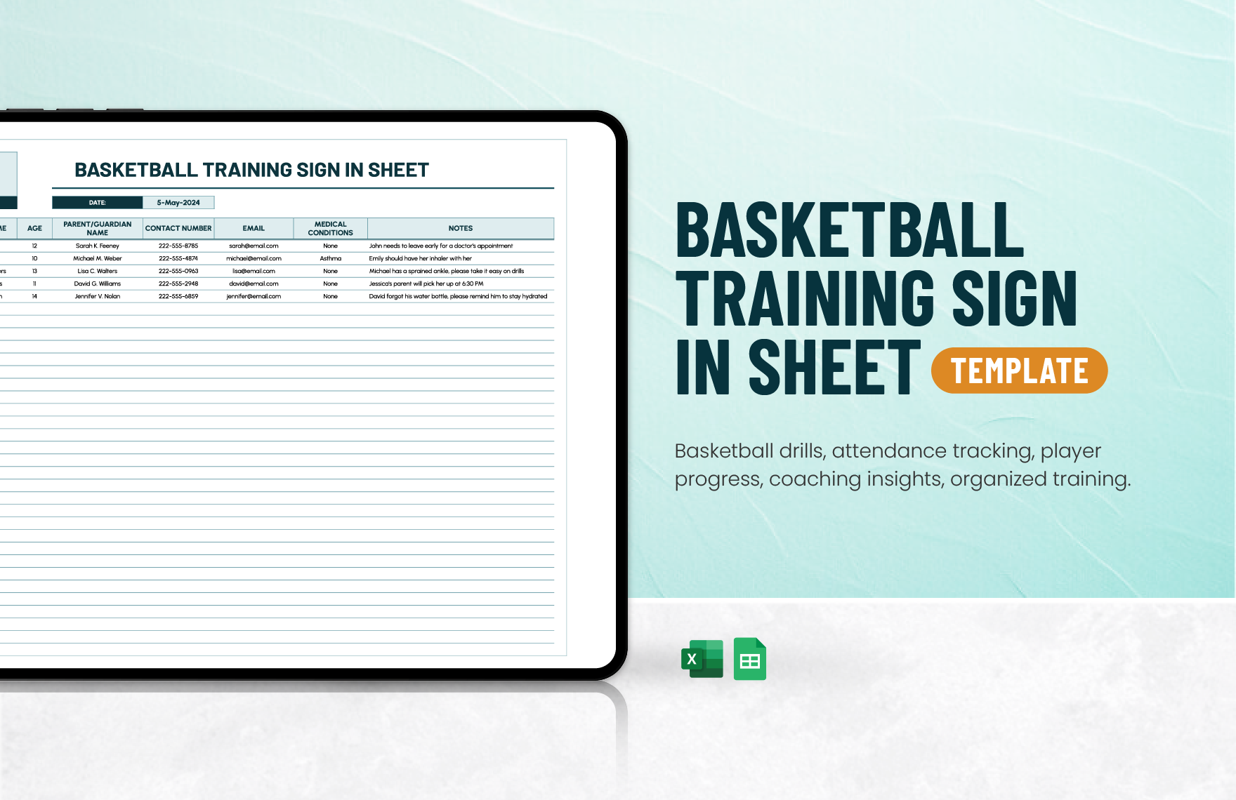Basketball Training Sign in Sheet Template in Excel, Google Sheets
