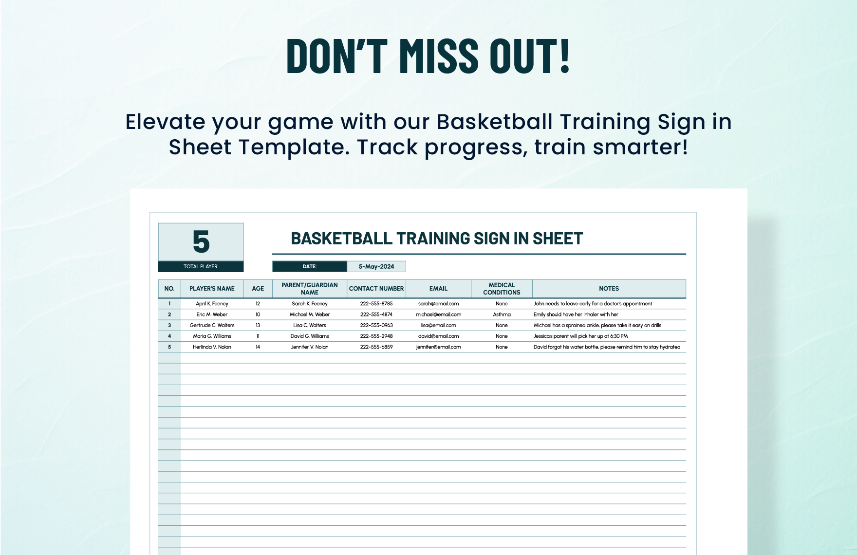 Basketball Training Sign in Sheet Template
