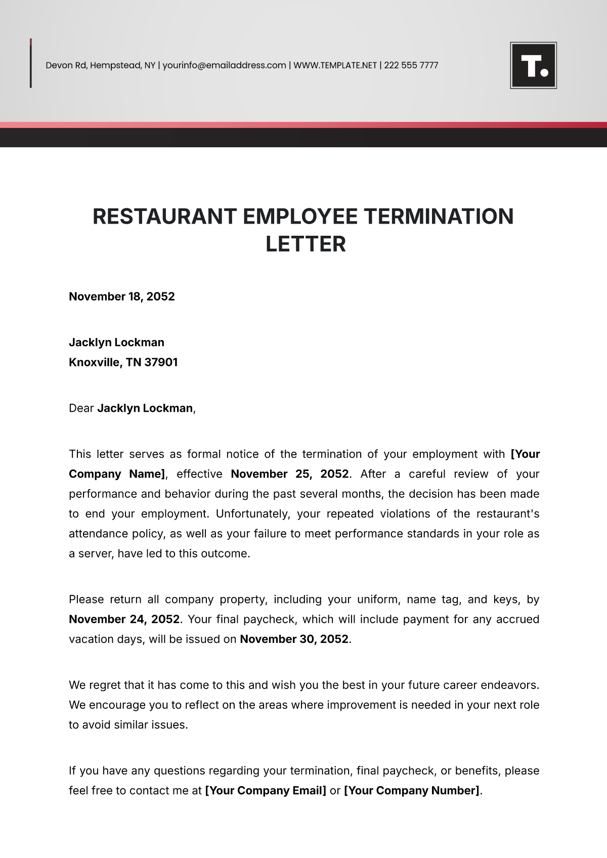 Restaurant Employee Termination Letter Template - Edit Online & Download