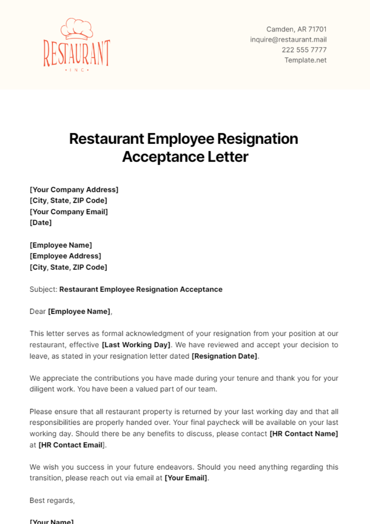 Restaurant Employee Resignation Acceptance Letter Template - Edit Online & Download