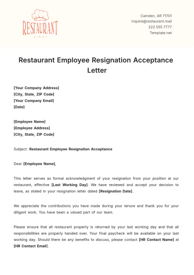 Free Restaurant Employee Resignation Acceptance Letter Template to Edit Online
