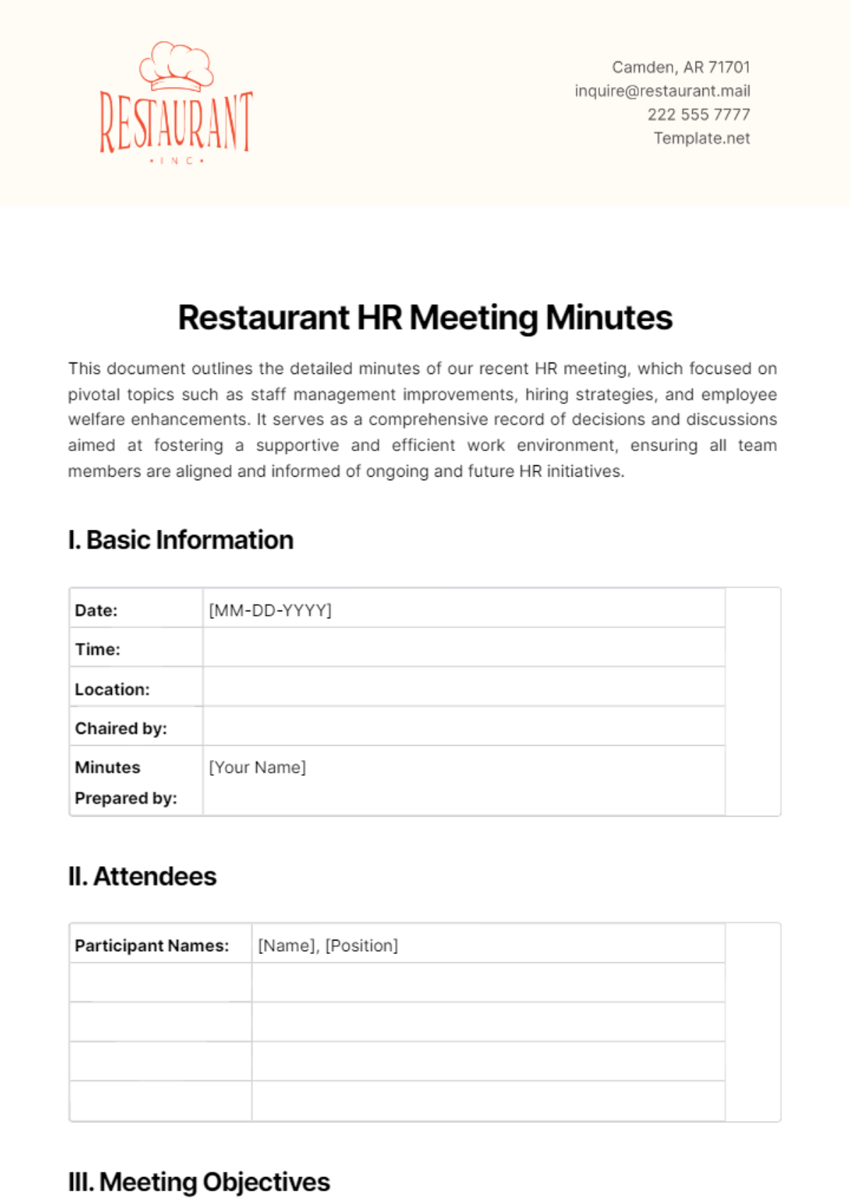 Free Restaurant HR Meeting Minutes Template