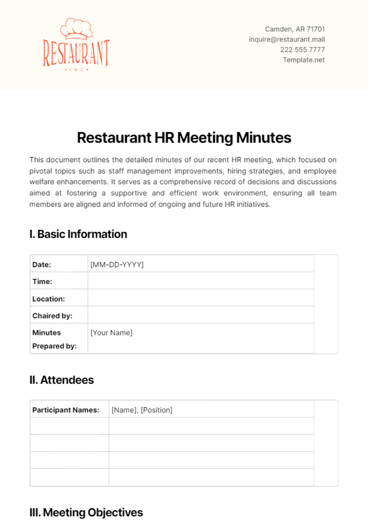 Restaurant HR Meeting Minutes Template - Edit Online & Download