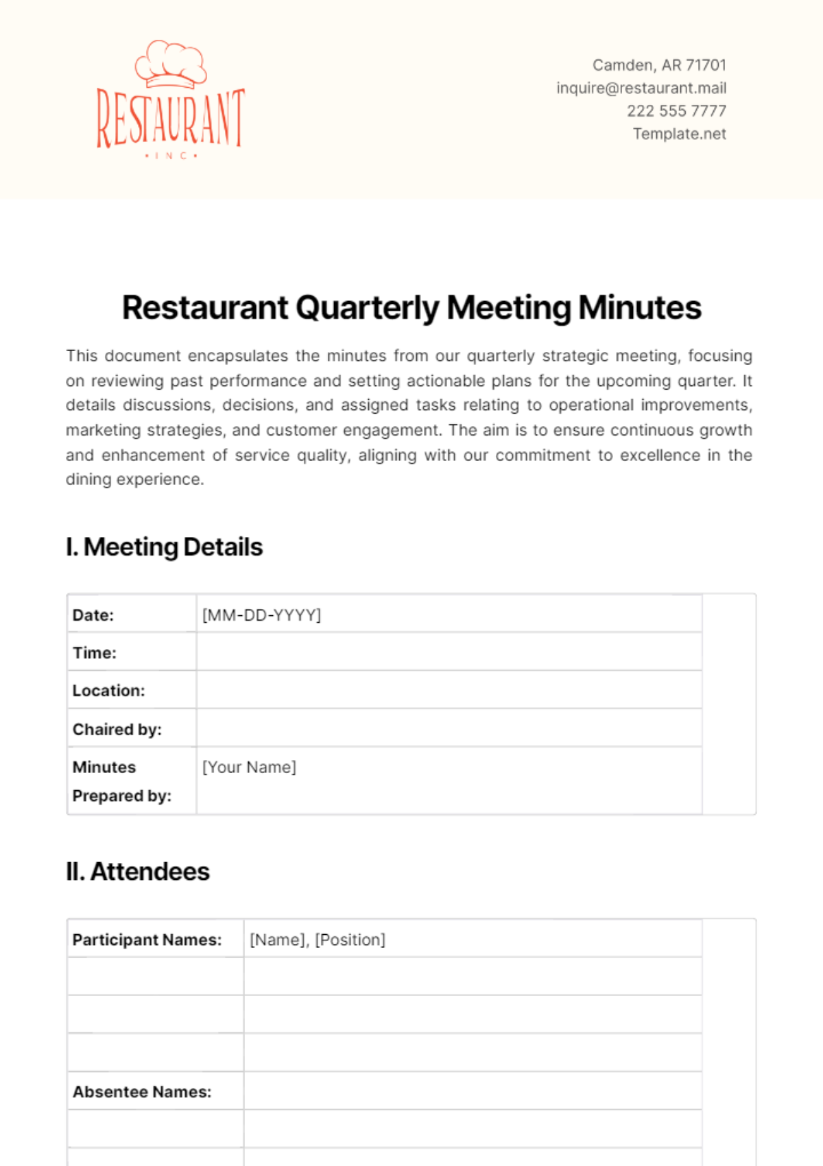 Restaurant Quarterly Meeting Minutes Template