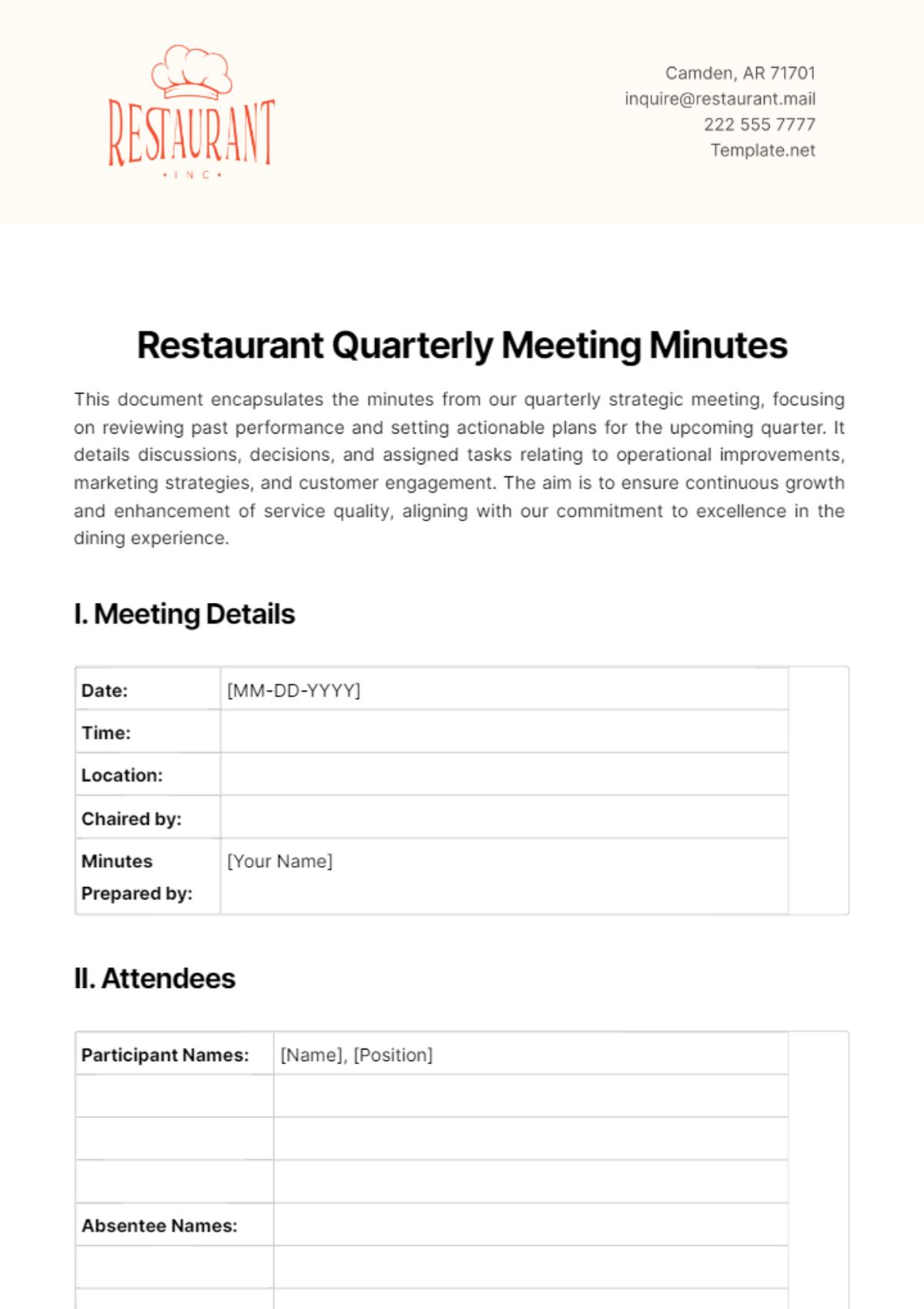 Restaurant Quarterly Meeting Minutes Template - Edit Online & Download