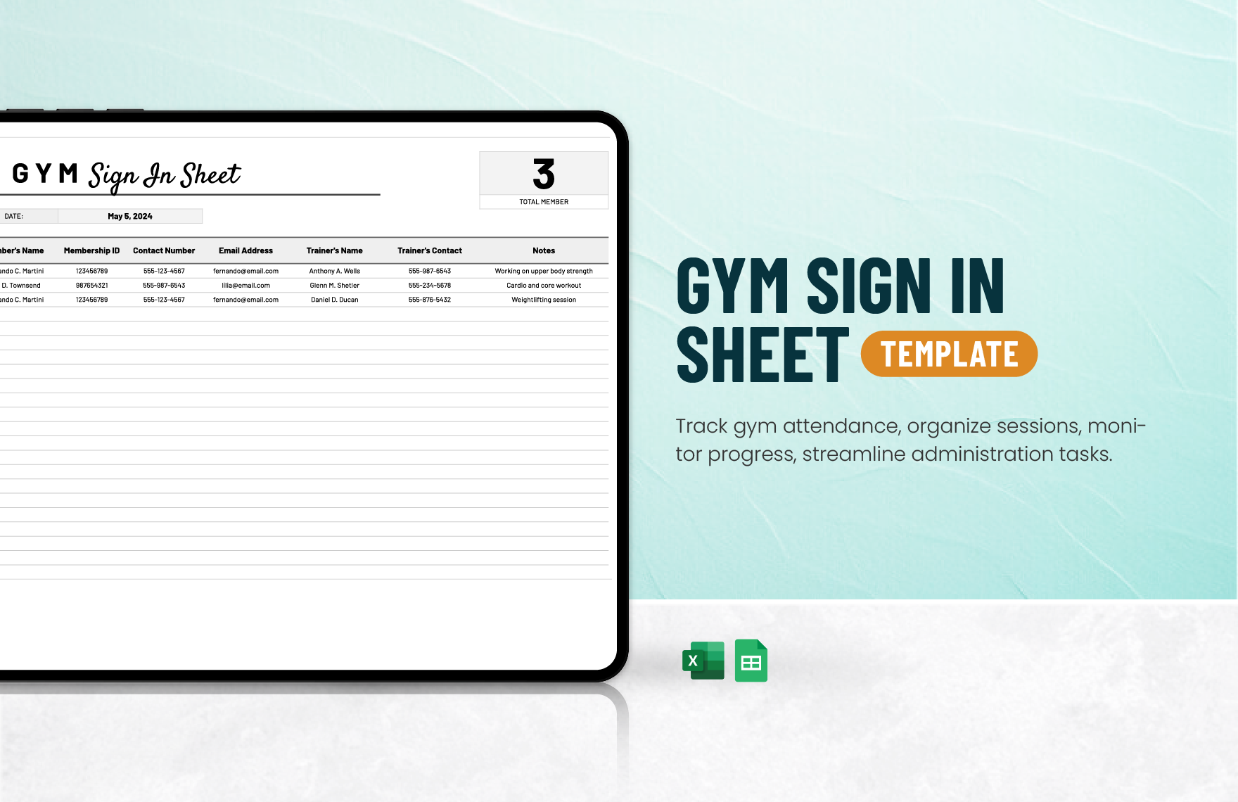 Gym Sign in Sheet Template in Excel, Google Sheets