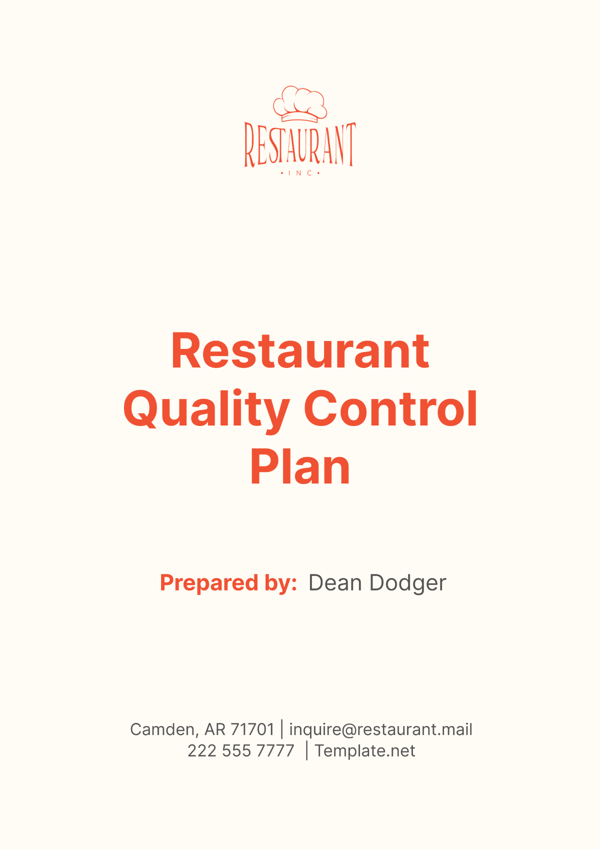 Restaurant Quality Control Plan Template - Edit Online & Download