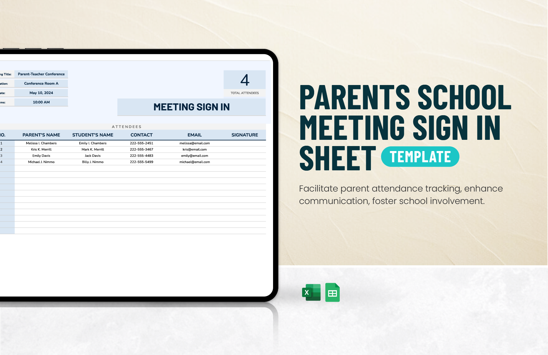 Parents School Meeting Sign in Sheet Template in Excel, Google Sheets