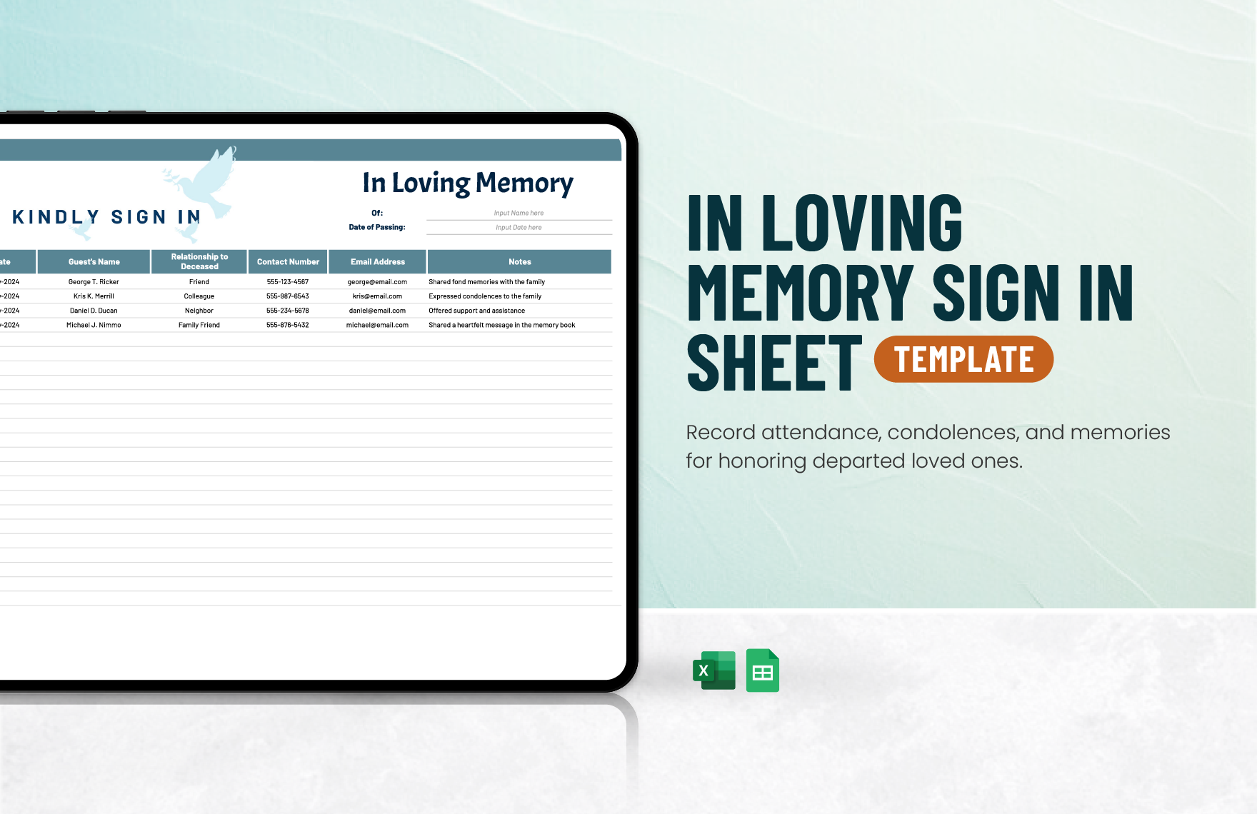 Free In Loving Memory Sign in Sheet Template in Excel, Google Sheets