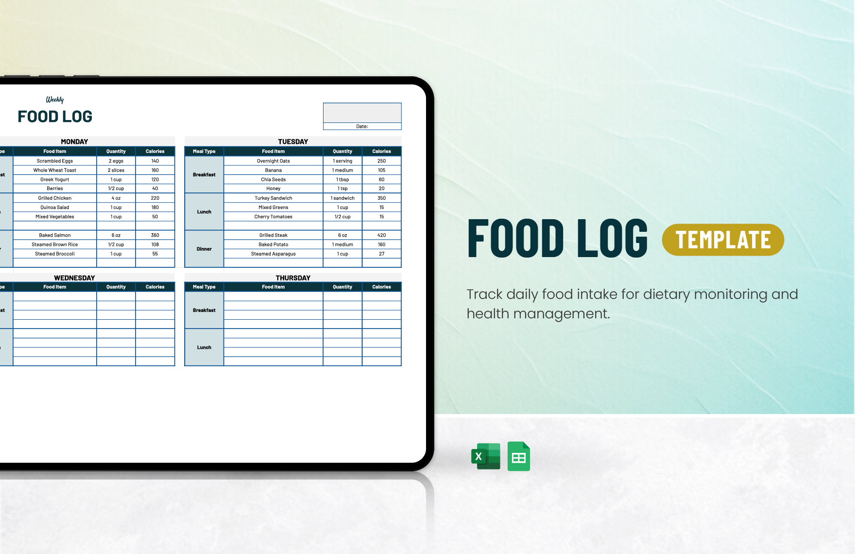 Free Food Log Template in Excel, Google Sheets