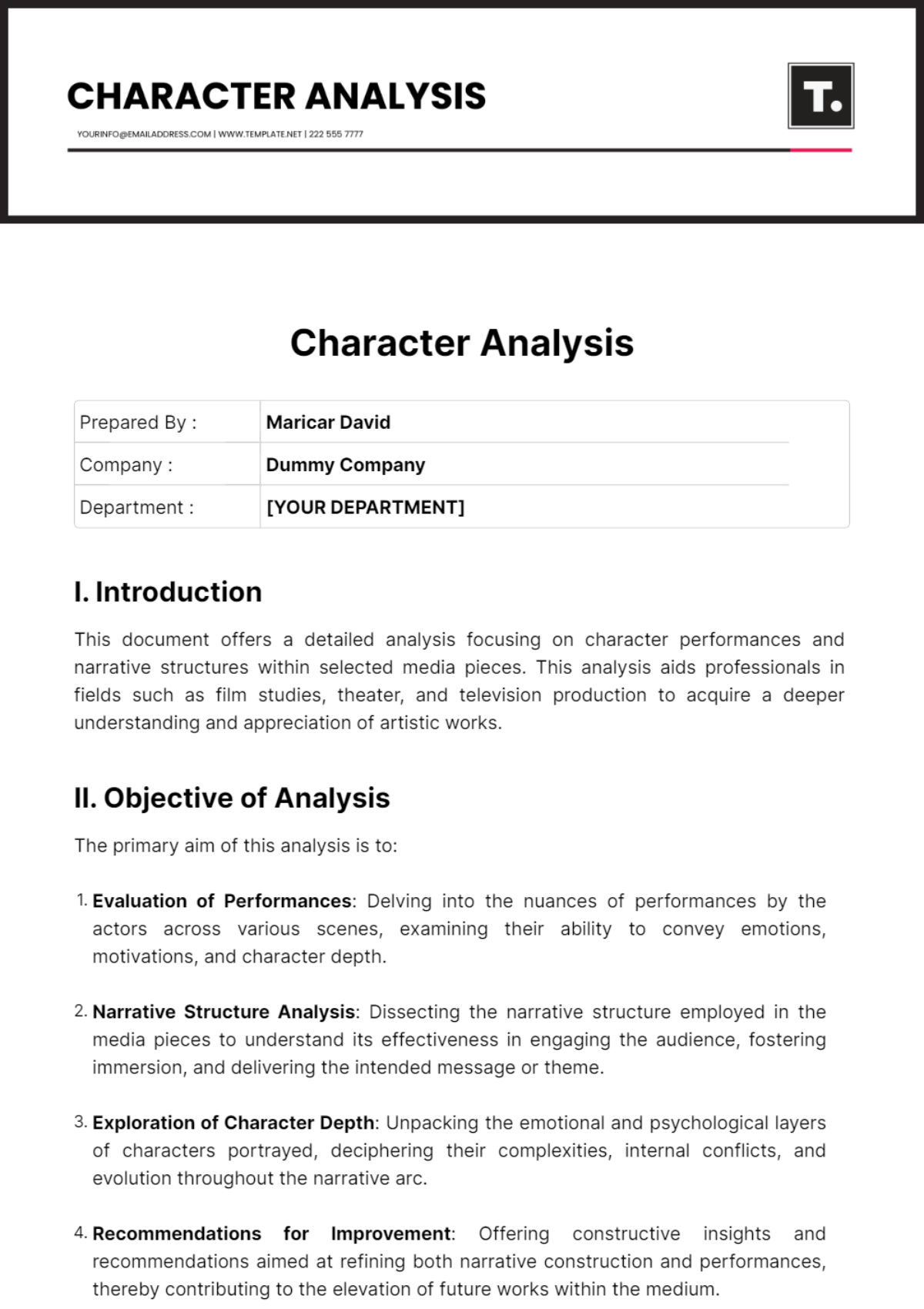 Character Analysis Template