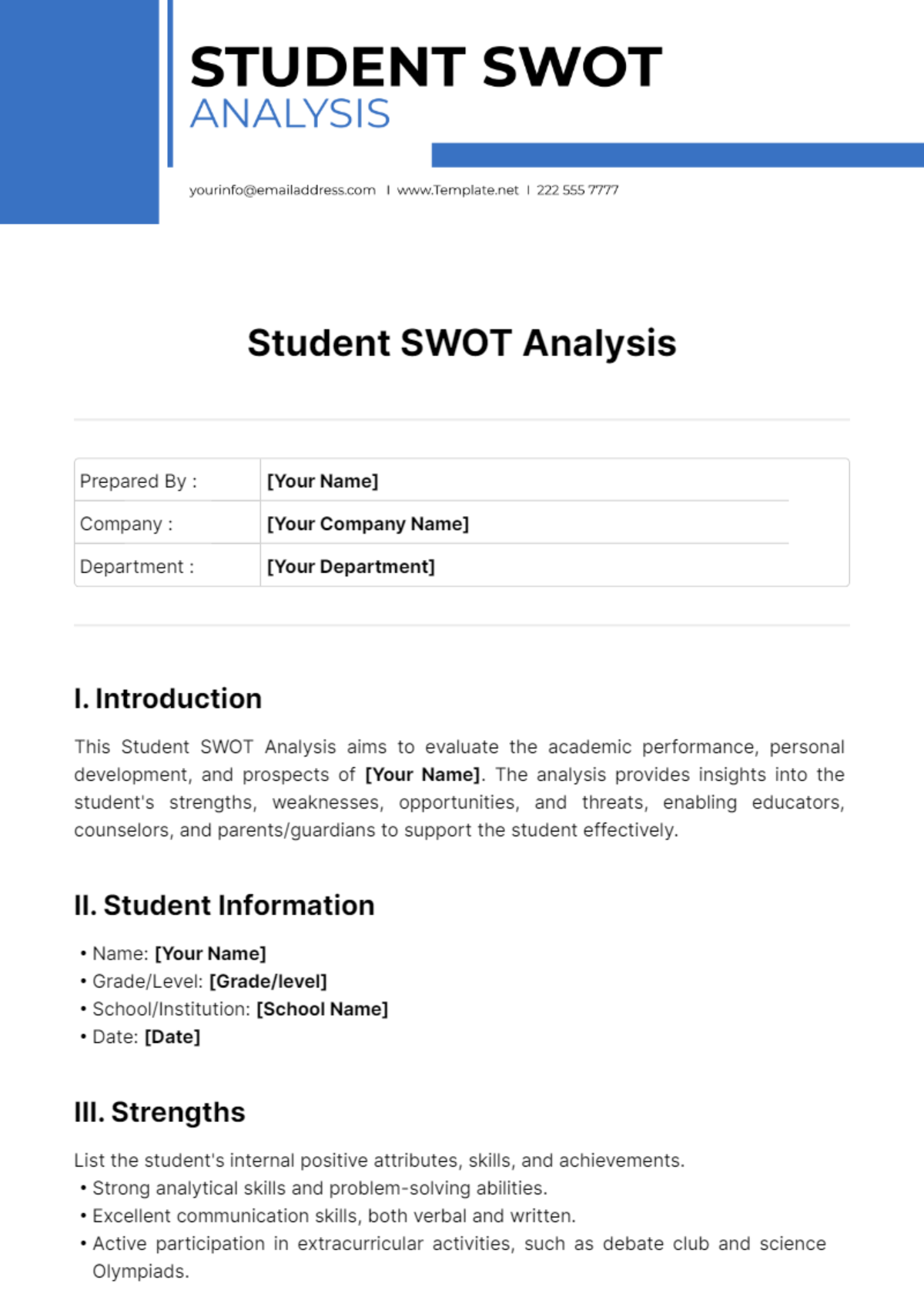 Student SWOT Analysis Template - Edit Online & Download