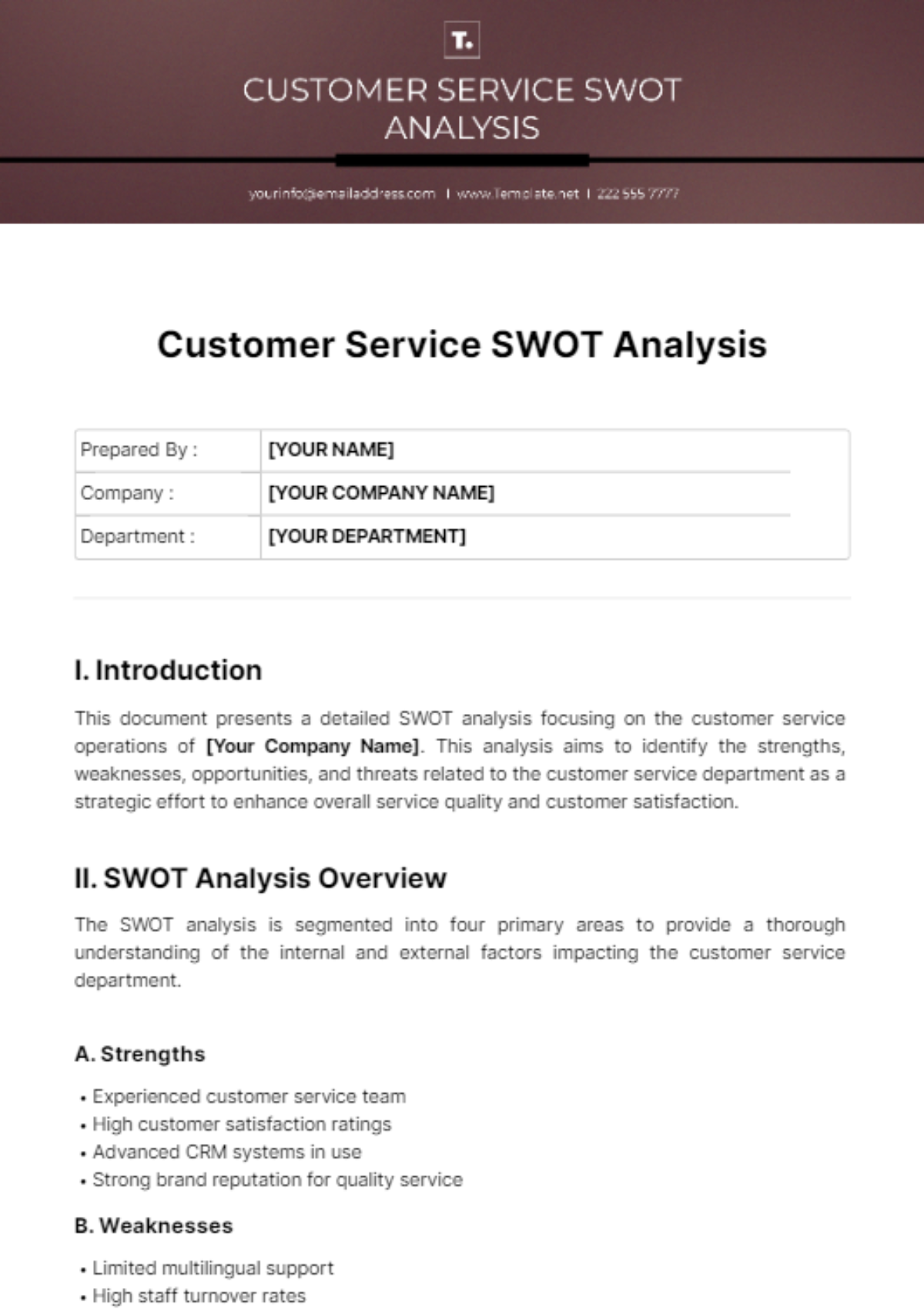 Customer Service SWOT Analysis Template - Edit Online & Download