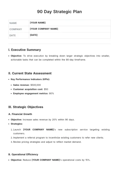 Free 90 Day Strategic Plan Template to Edit Online