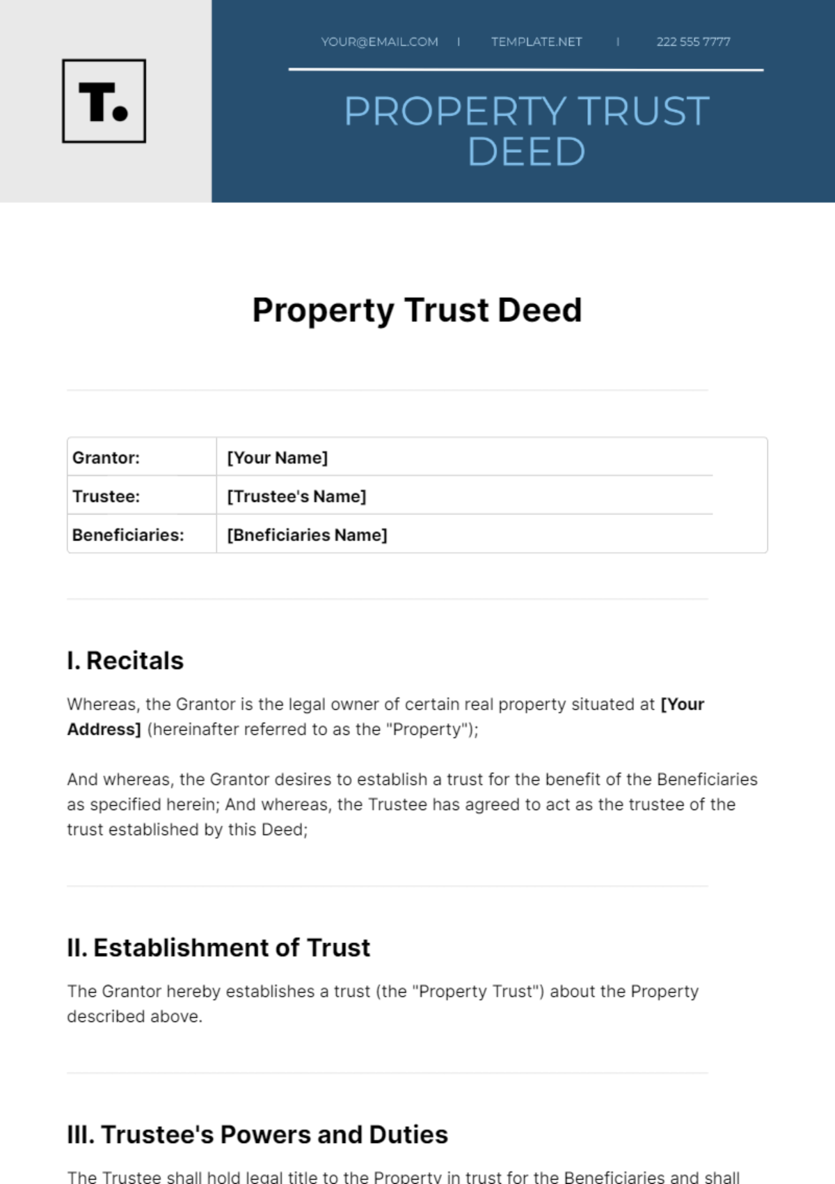 Property Trust Deed Templates Edit Online & Download Example