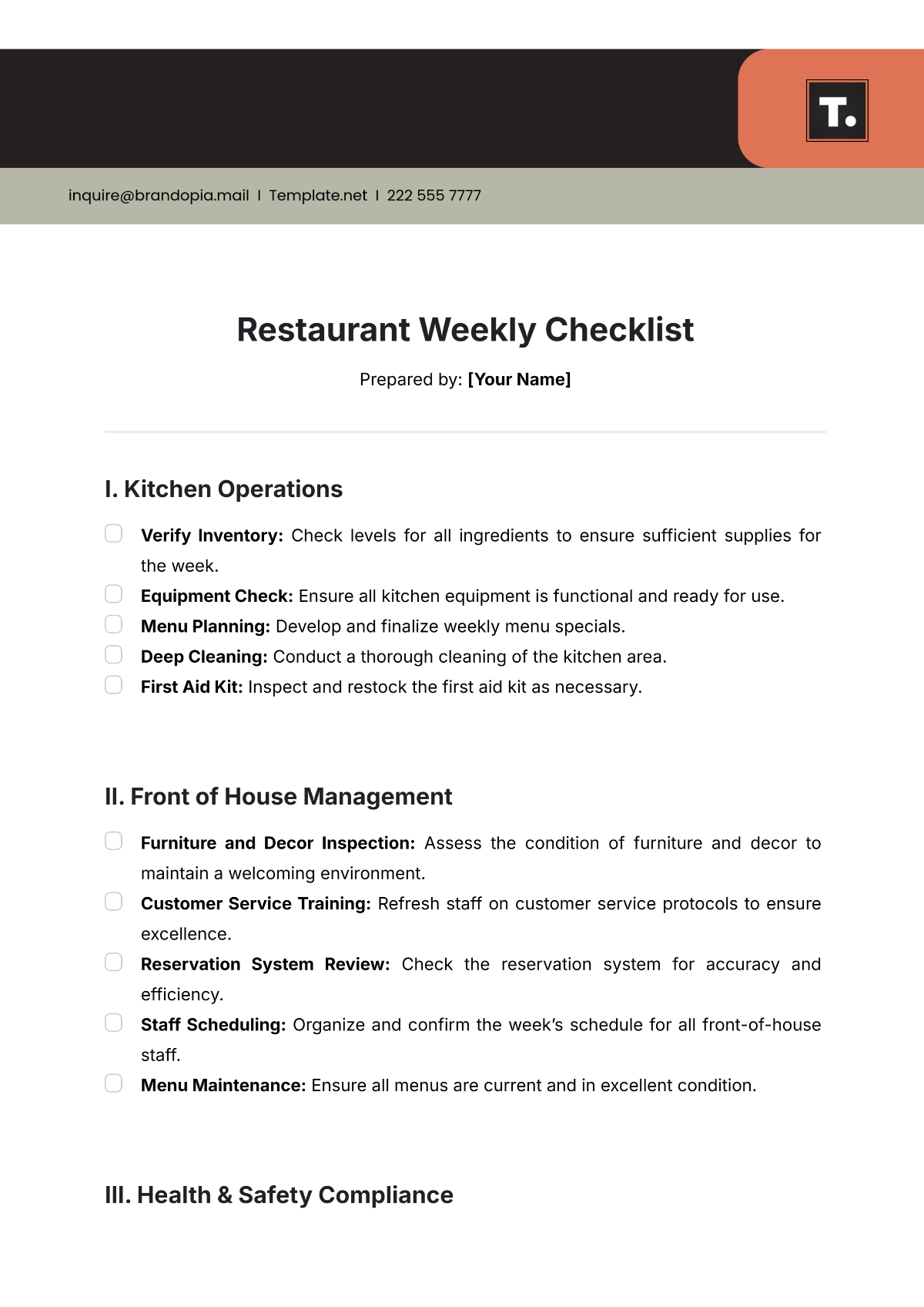 Restaurant Weekly Checklist Template - Edit Online & Download