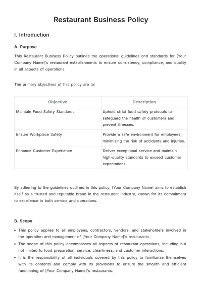Free Restaurant Business Policy Template to Edit Online