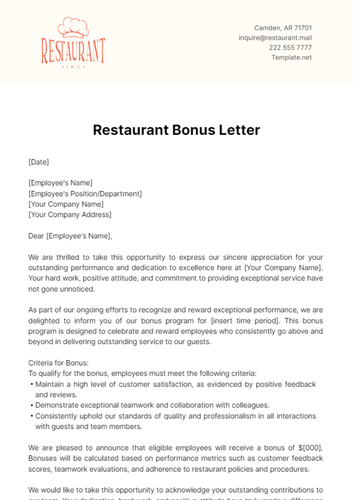 Restaurant Bonus Letter Template - Edit Online & Download