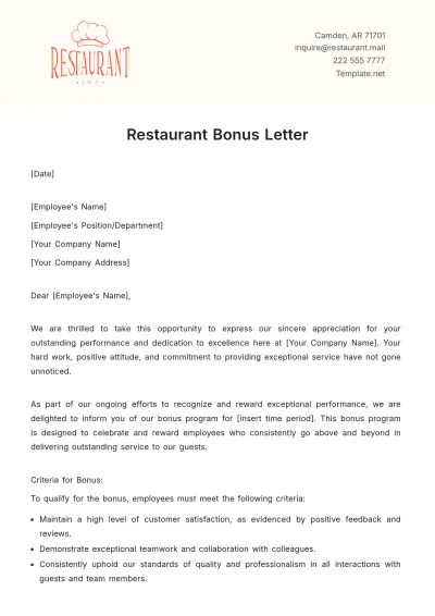 Free Restaurant Bonus Letter Template to Edit Online