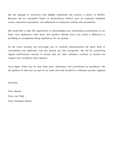 Free Restaurant Bonus Letter Template to Edit Online