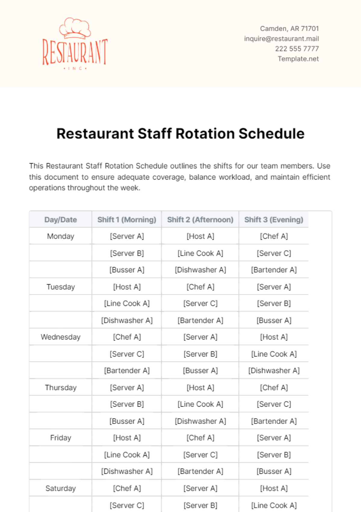 Restaurant Staff Rotation Schedule Template - Edit Online & Download