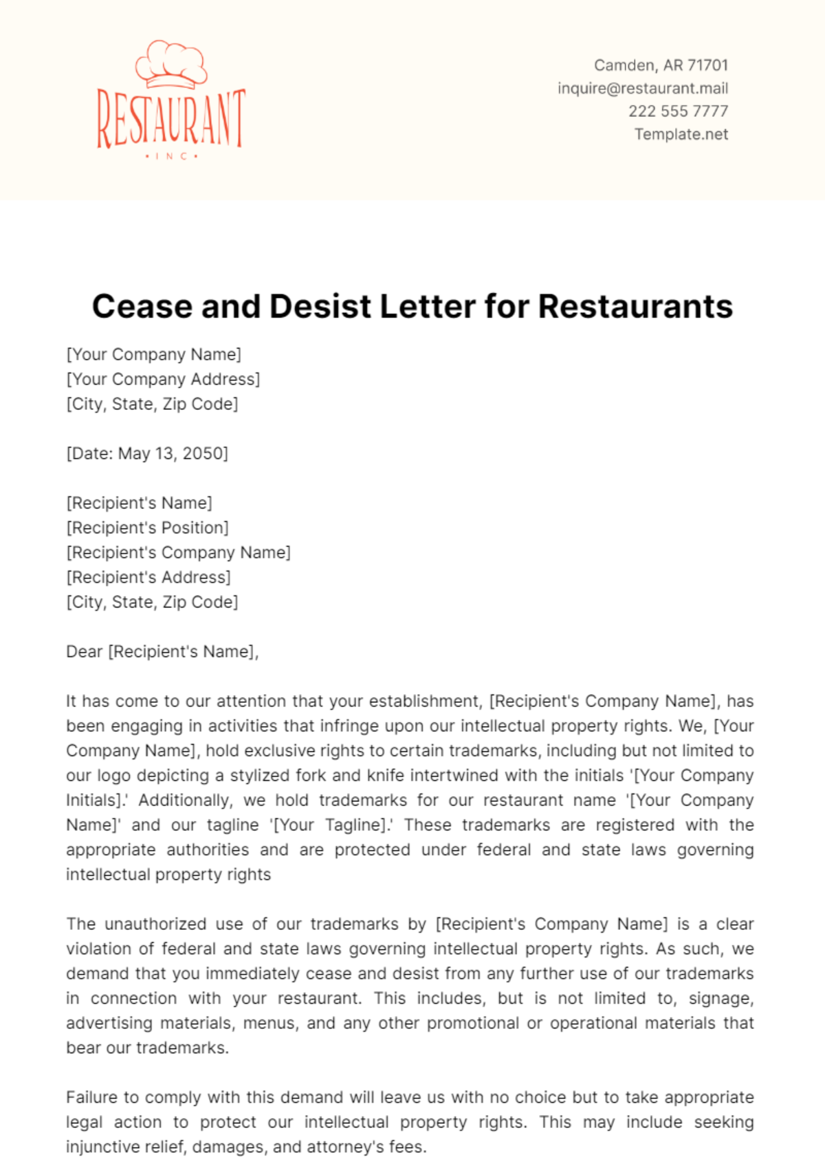 Cease and Desist Letter for Restaurants Template - Edit Online & Download