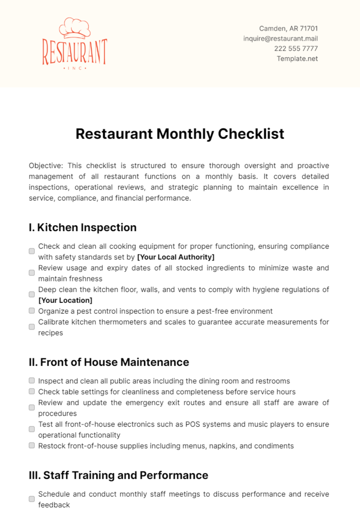 Restaurant Monthly Checklist Template - Edit Online & Download Example ...