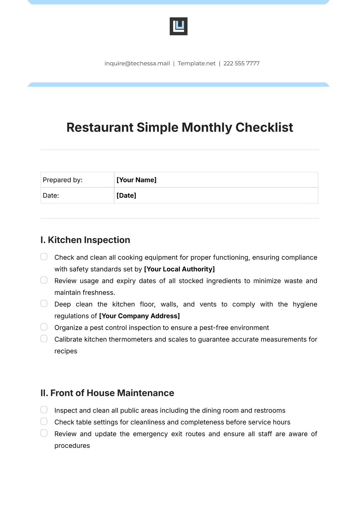 Restaurant Simple Monthly Checklist Template - Edit Online & Download