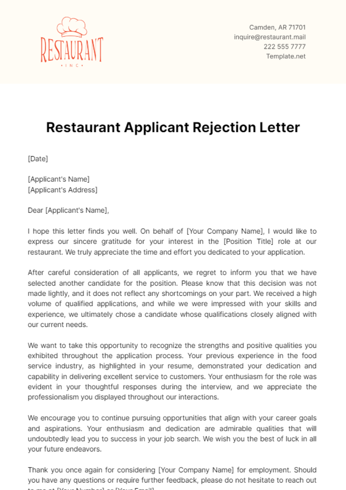 Restaurant Applicant Rejection Letter Template - Edit Online & Download