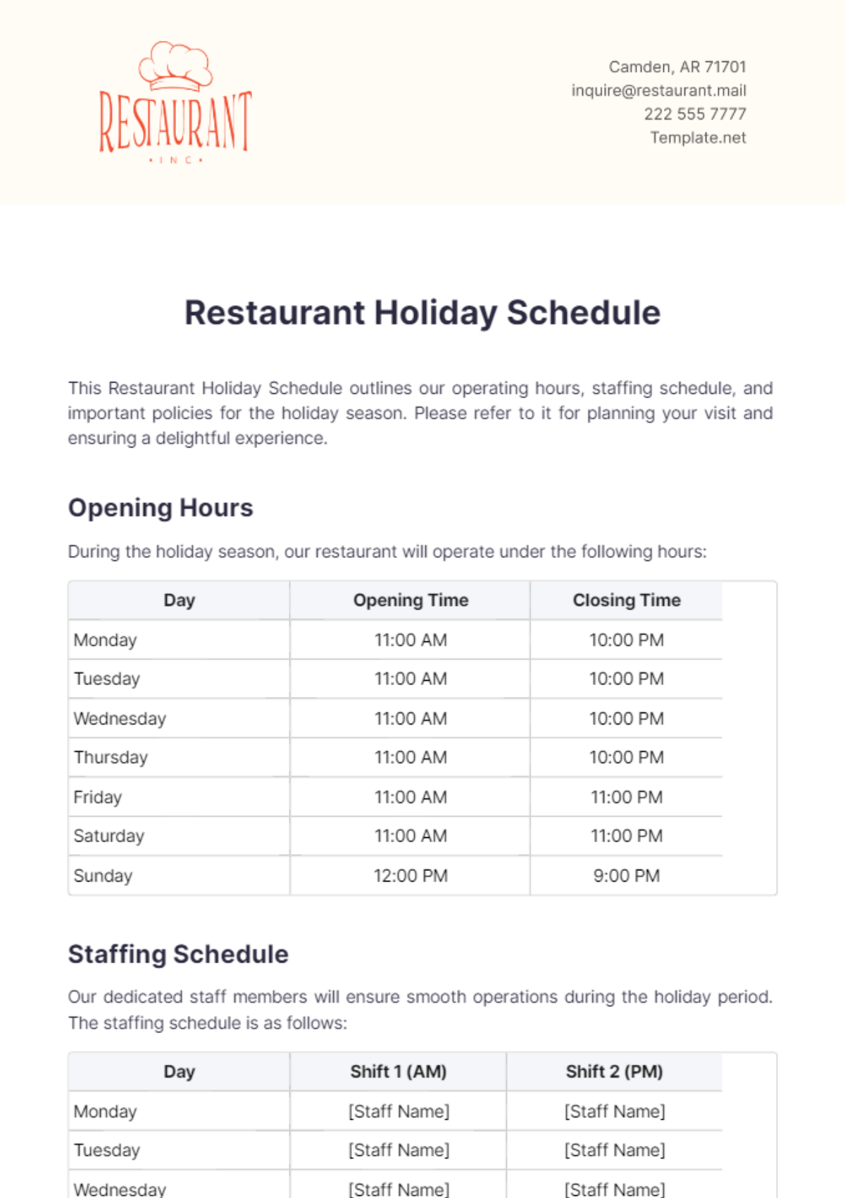 Restaurant Holiday Schedule Template - Edit Online & Download