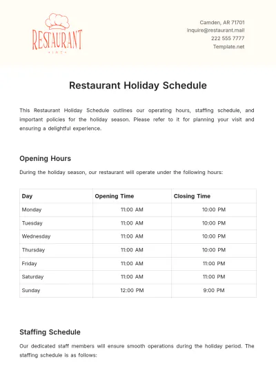 Free Restaurant Holiday Schedule Template to Edit Online
