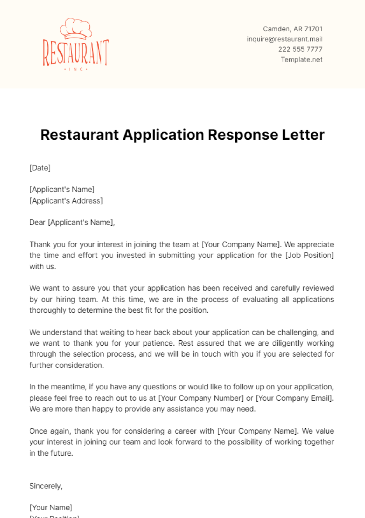 Restaurant Application Response Letter Template - Edit Online & Download