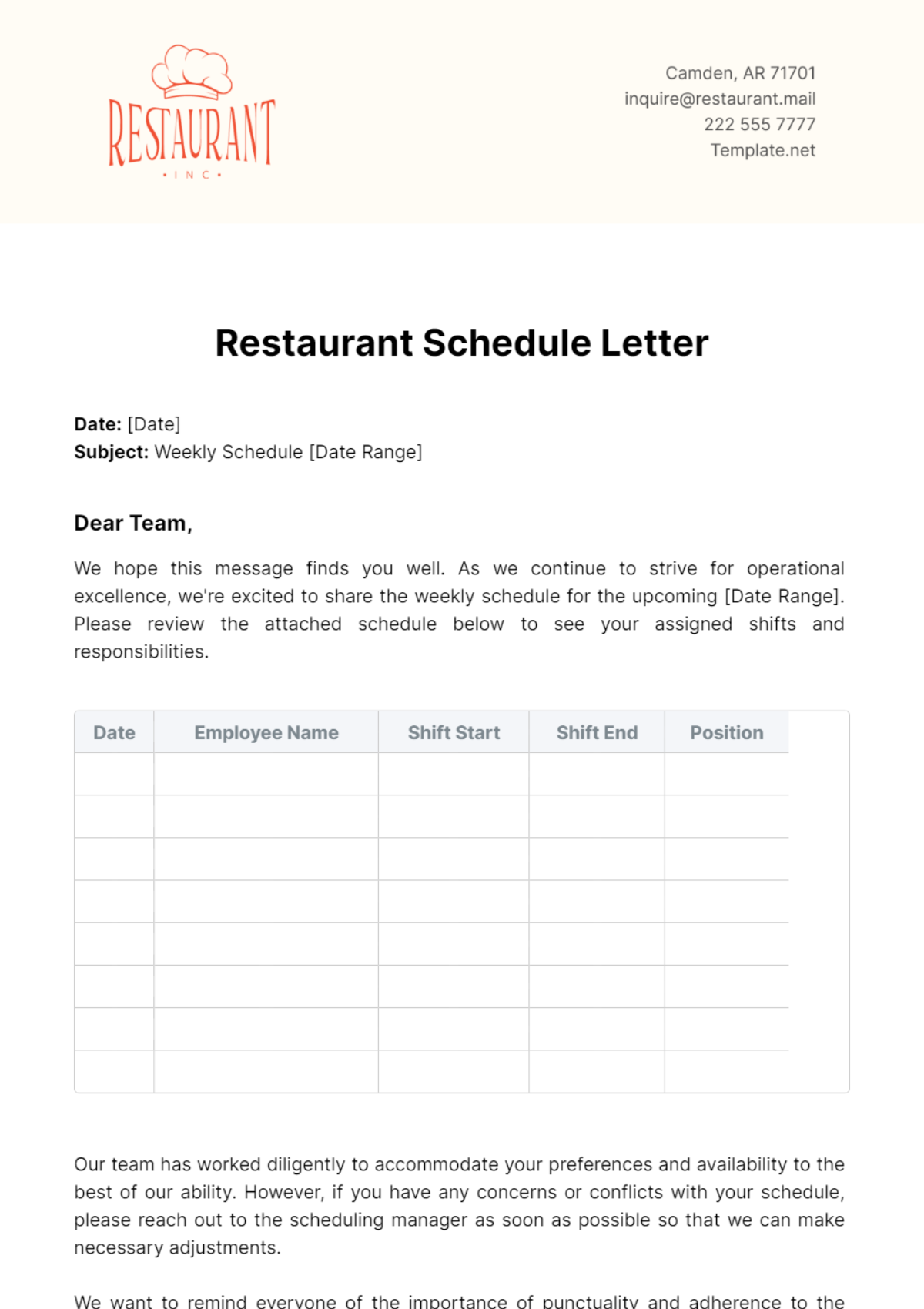 Restaurant Schedule Letter Template - Edit Online & Download