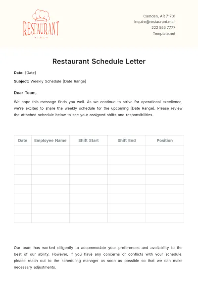 Free Restaurant Schedule Letter Template to Edit Online
