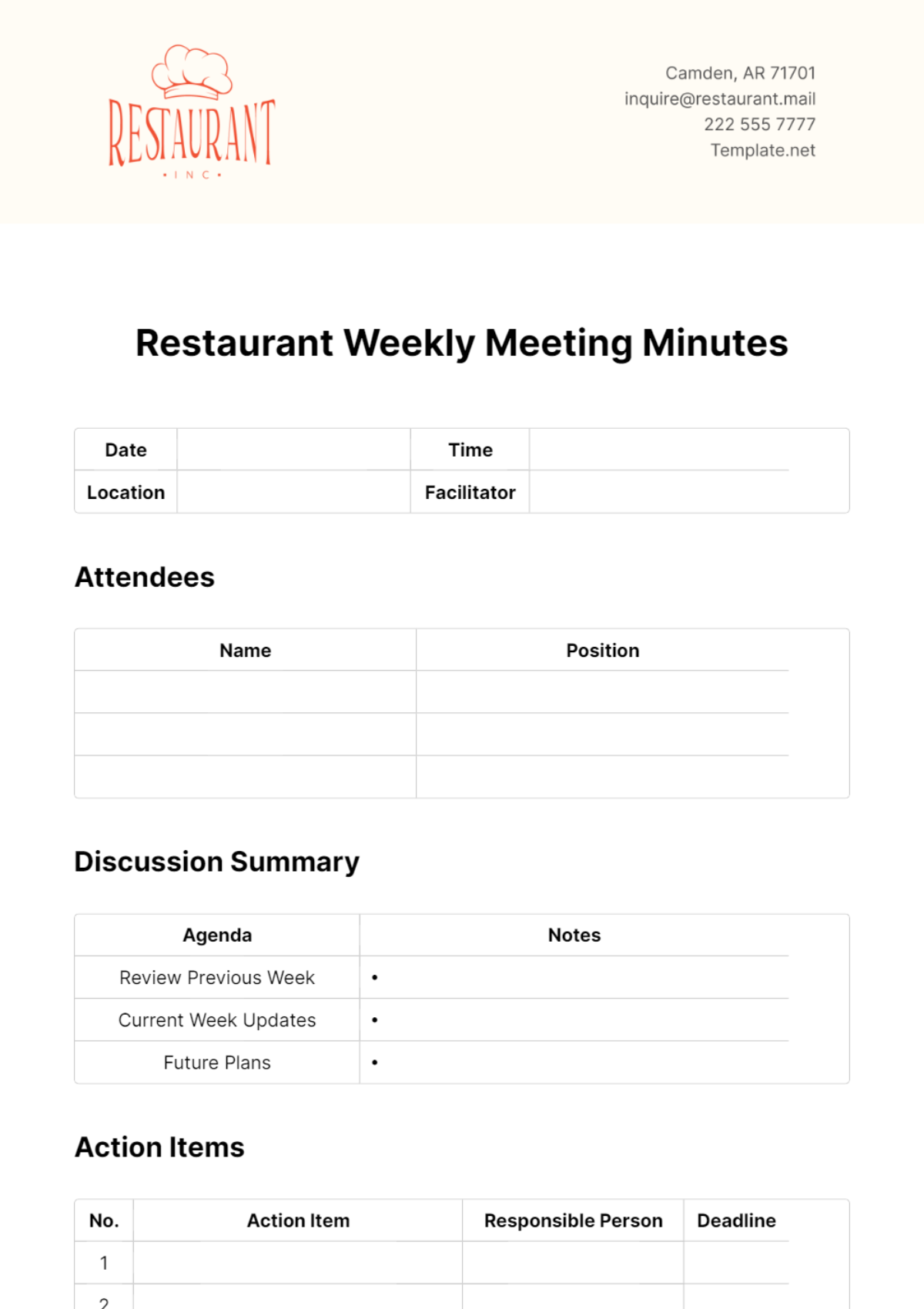 Restaurant Weekly Meeting Minutes Template