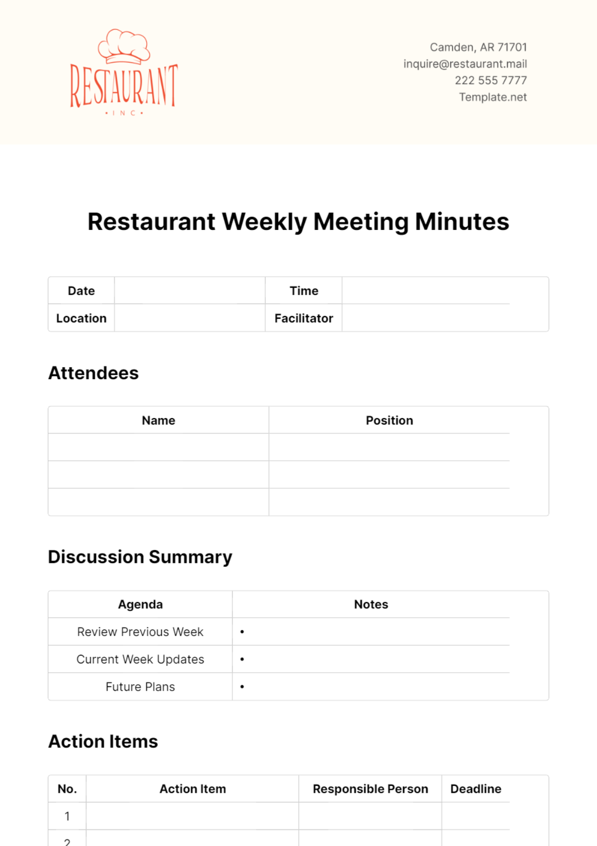 Restaurant Weekly Meeting Minutes Template - Edit Online & Download