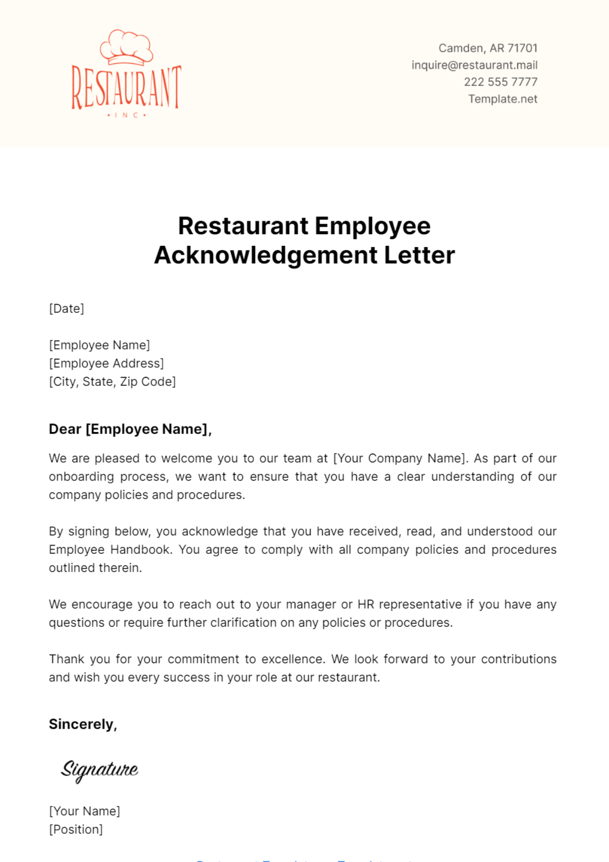 Restaurant Employee Acknowledgement Letter Template - Edit Online & Download