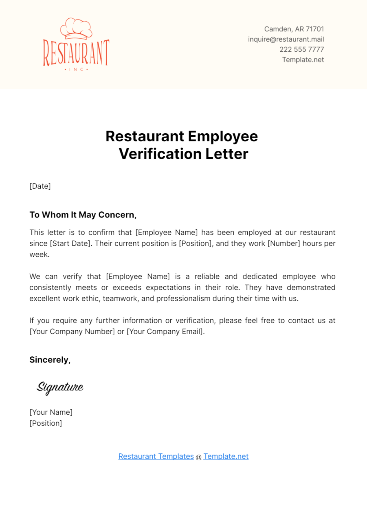 Restaurant Employee Verification Letter Template - Edit Online & Download