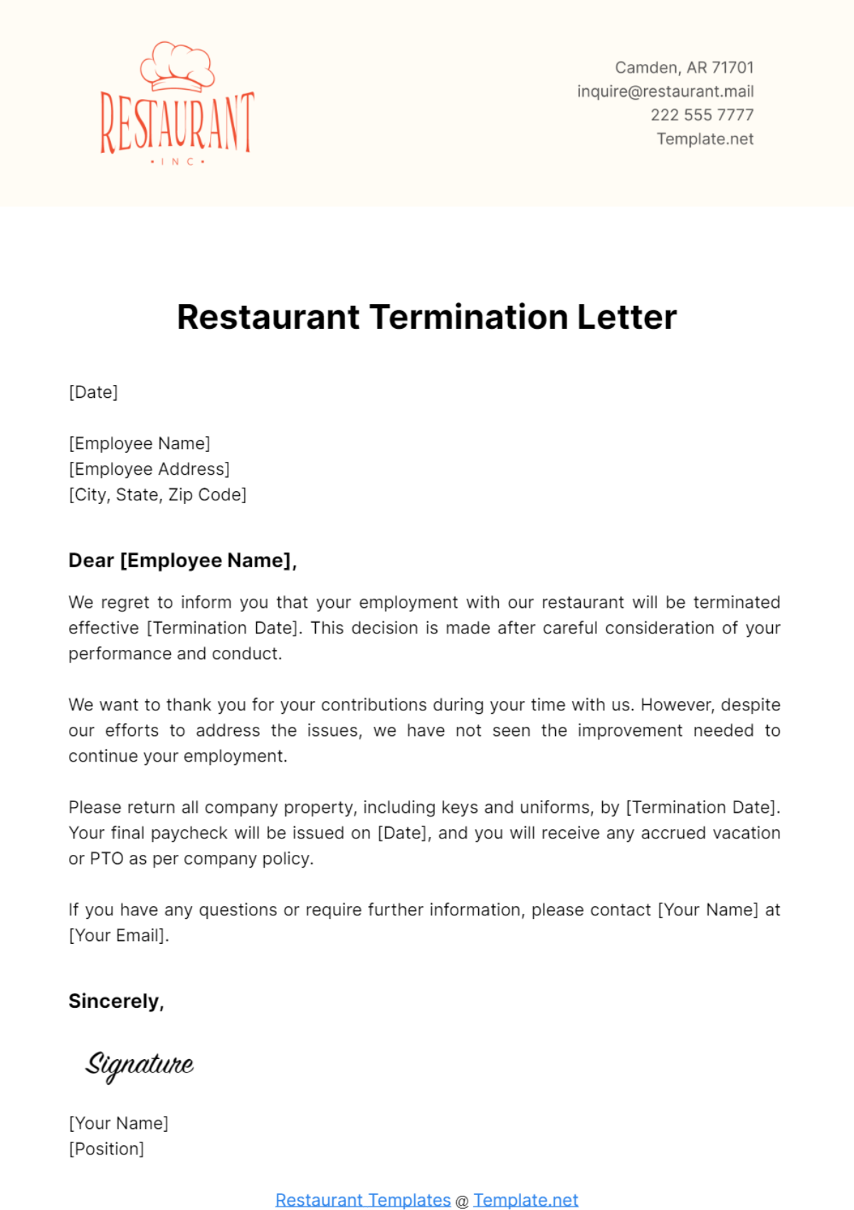 Restaurant Termination Letter Template - Edit Online & Download