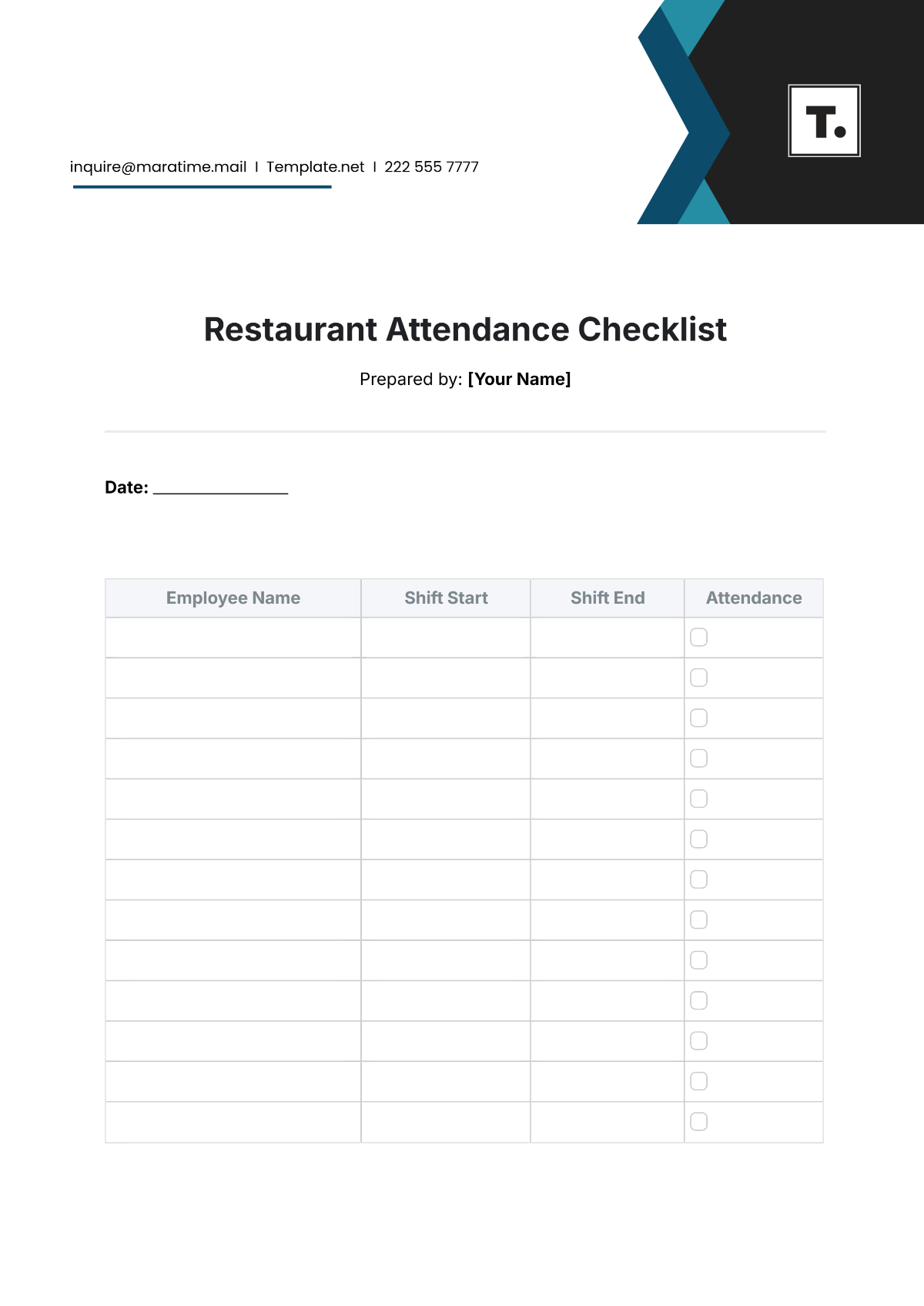 Restaurant Attendance Checklist Template - Edit Online & Download