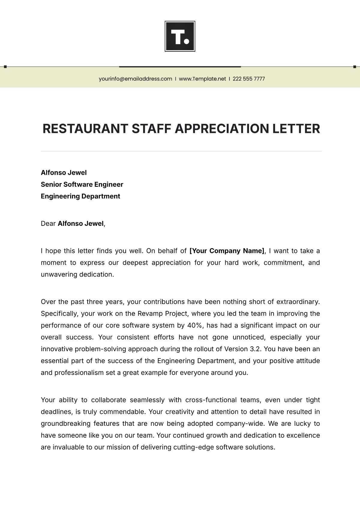 Restaurant Staff Appreciation Letter Template - Edit Online & Download