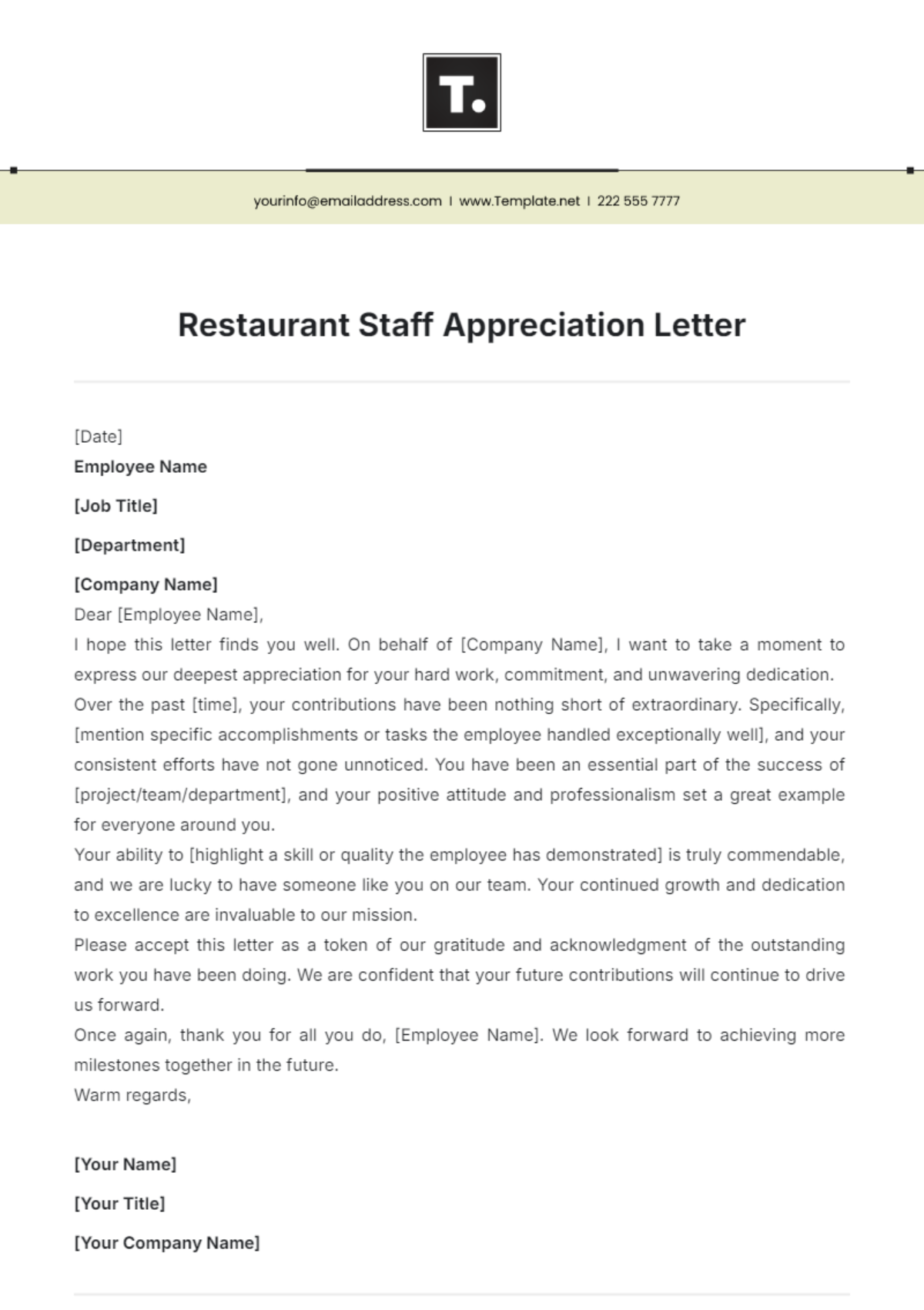 Staff Appreciation Letter Layout Template - Edit Online & Download