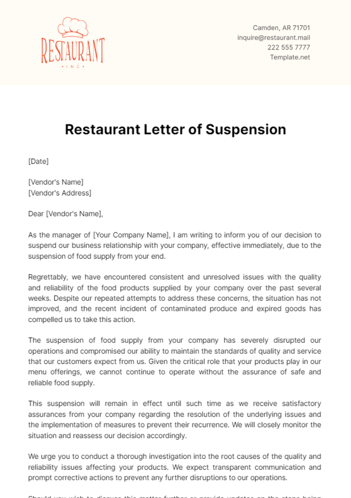 Restaurant Letter of Suspension Template - Edit Online & Download