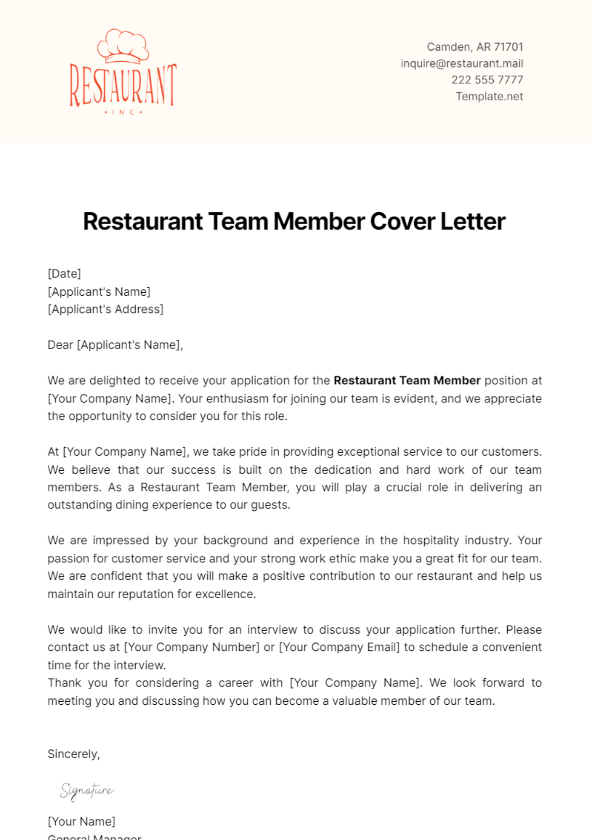 Restaurant Team Member Cover Letter Template - Edit Online & Download