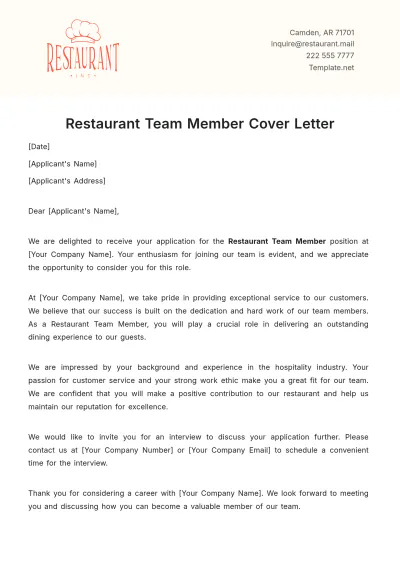 Free Restaurant Team Member Cover Letter Template to Edit Online