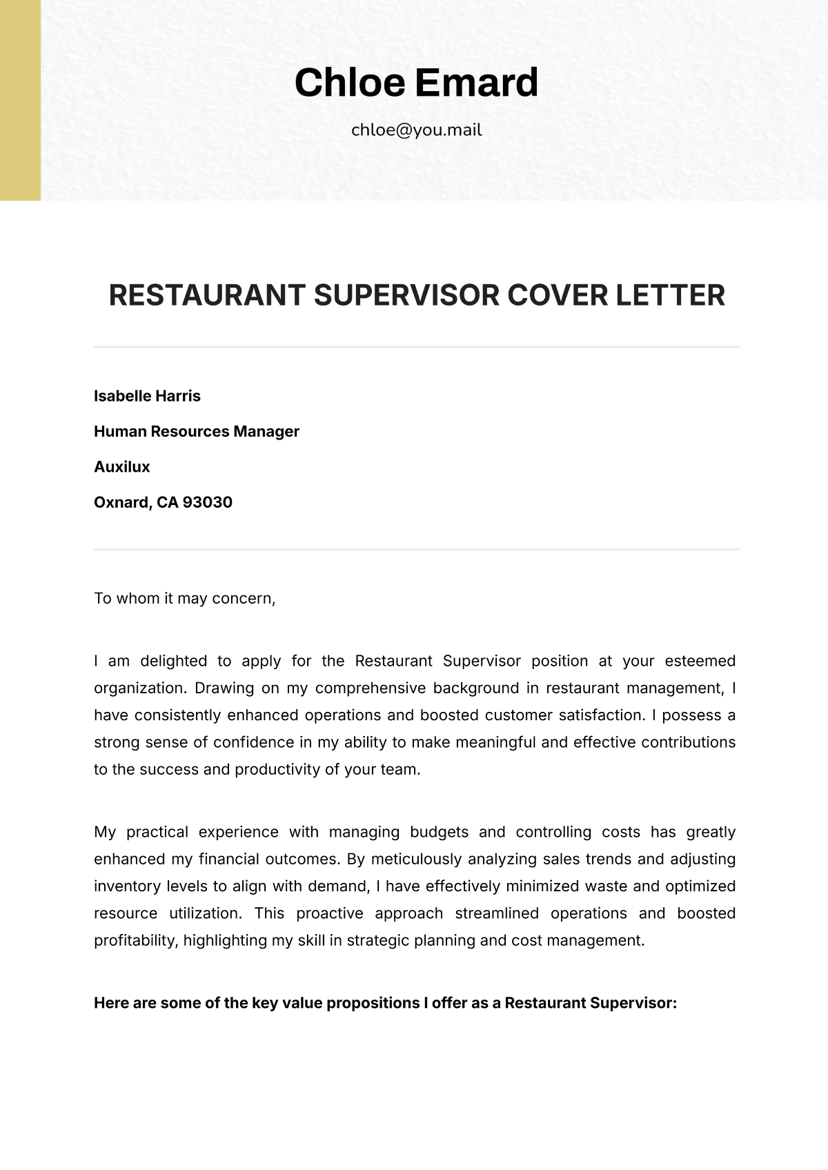 Restaurant Supervisor Cover Letter Template - Edit Online & Download