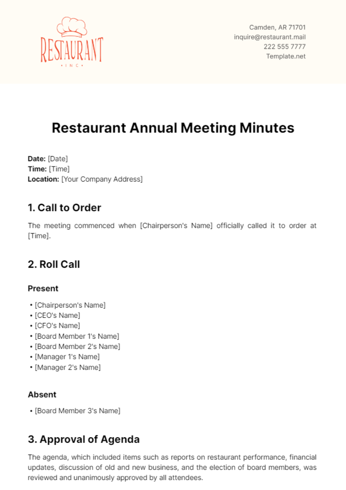 Restaurant Annual Meeting Minutes Template