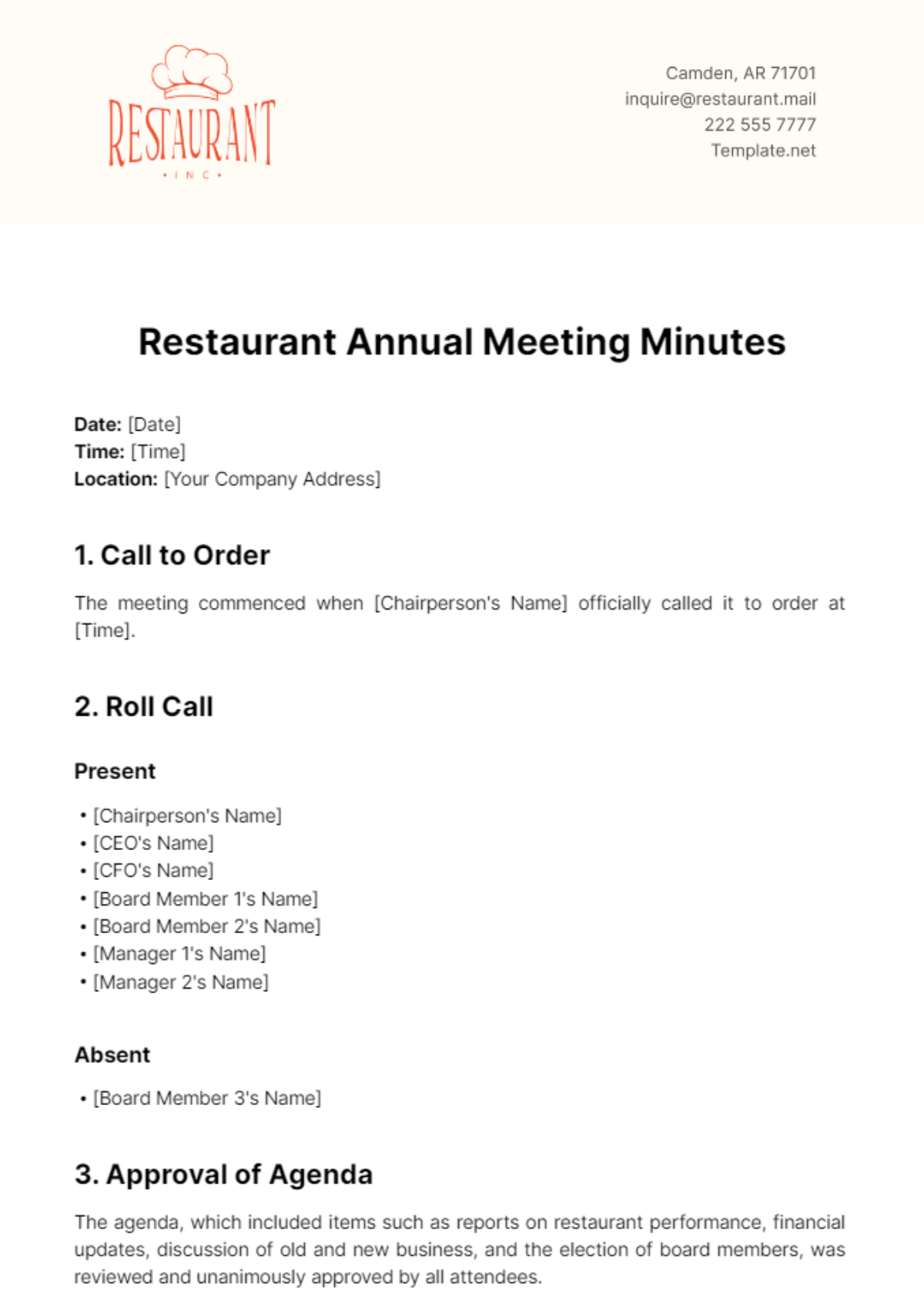 Restaurant Annual Meeting Minutes Template - Edit Online & Download