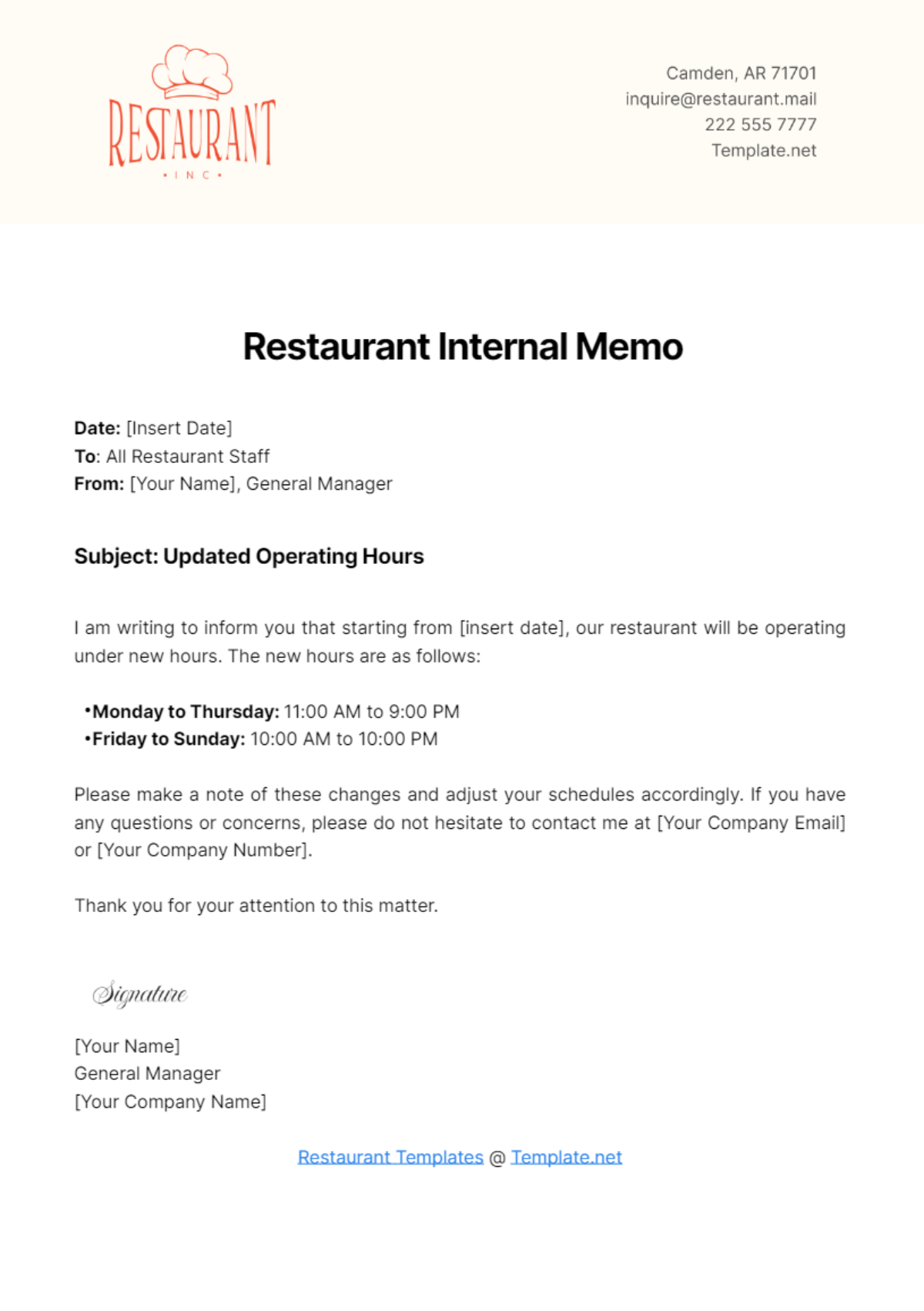 Restaurant Internal Memo Template - Edit Online & Download